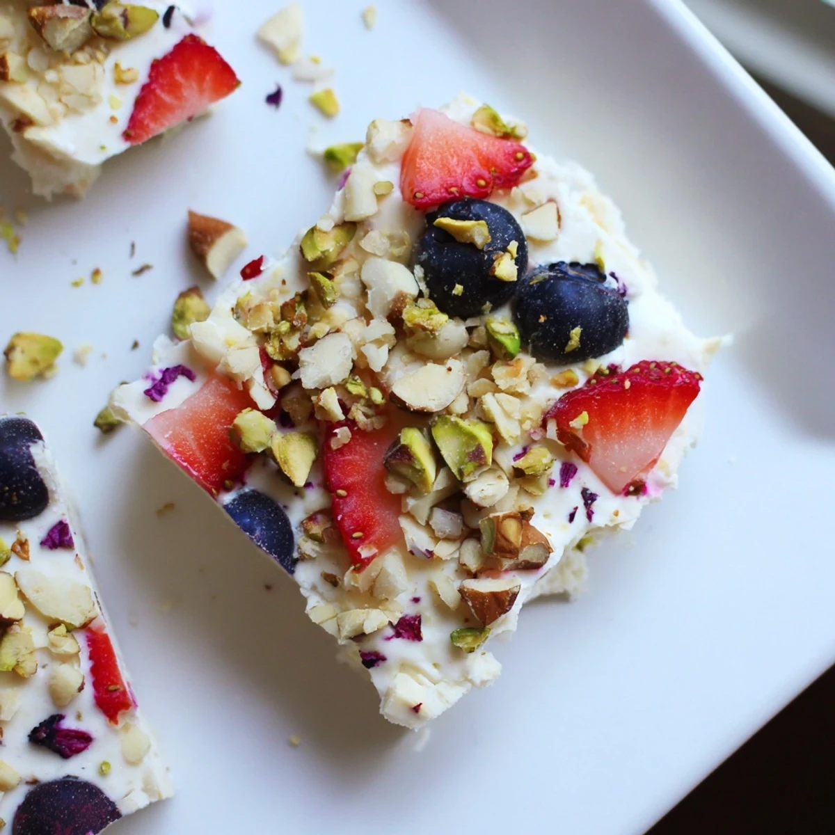 Vibrant berry yogurt bark: a frozen treat showing swirled yogurt, fresh berries, and crunchy granola.