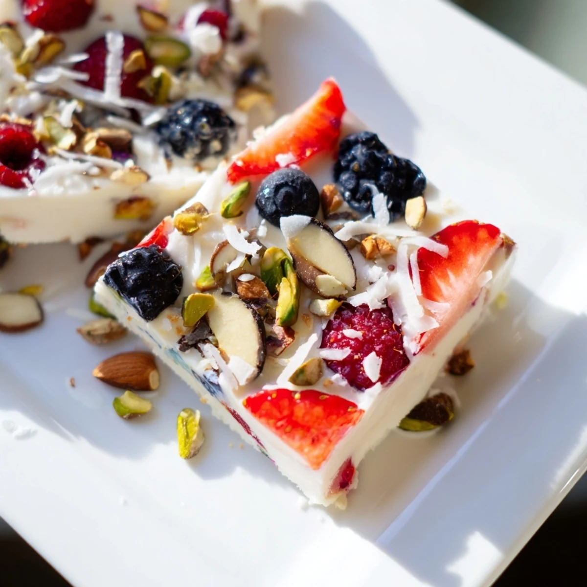 Cool, refreshing berry yogurt bark, ready to break into colorful, delicious snack pieces.