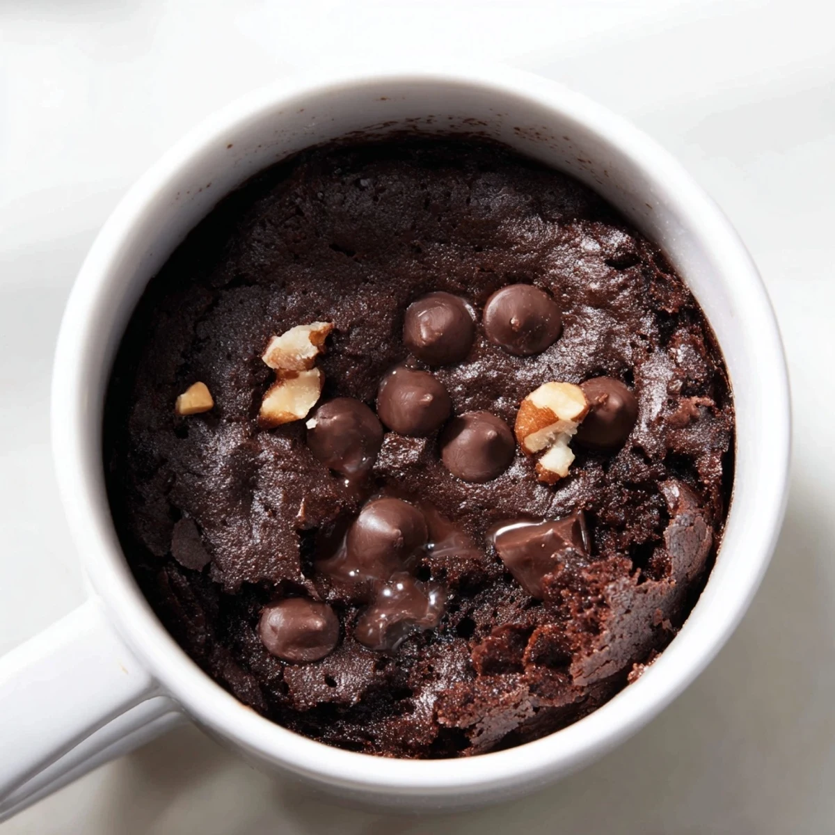 Warm, decadent mug brownie is served in its mug, ready for a quick and easy dessert.