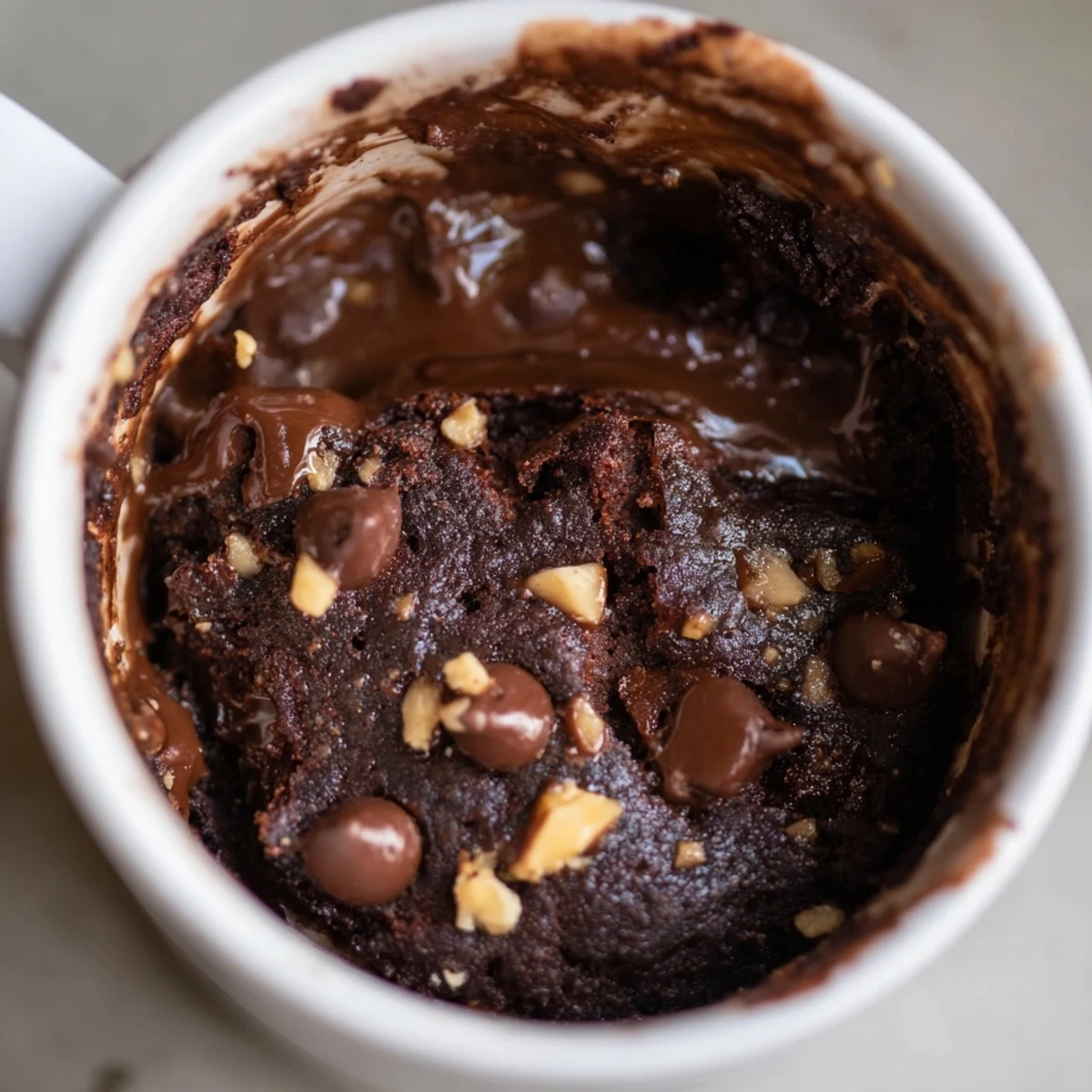 A perfectly textured 2-minute mug brownie, oozing with rich chocolate, looks so delicious!