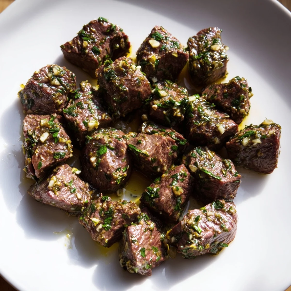 Air-Fryer Garlic-Butter Steak Bites, golden brown and glistening, ready to serve with fresh parsley.