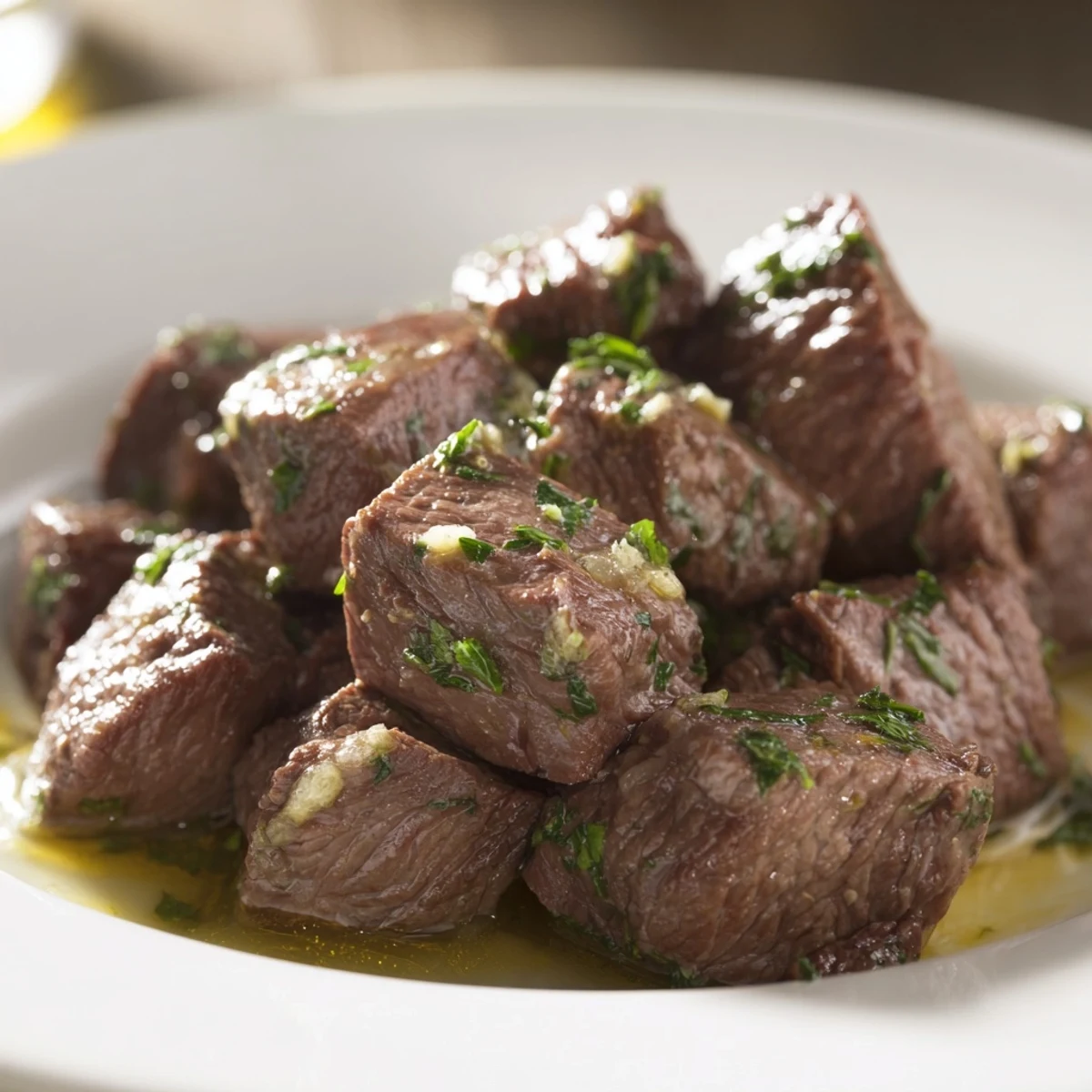 Melted garlic-butter coats flavorful Air-Fryer Steak Bites, a quick and easy appetizer or meal idea.