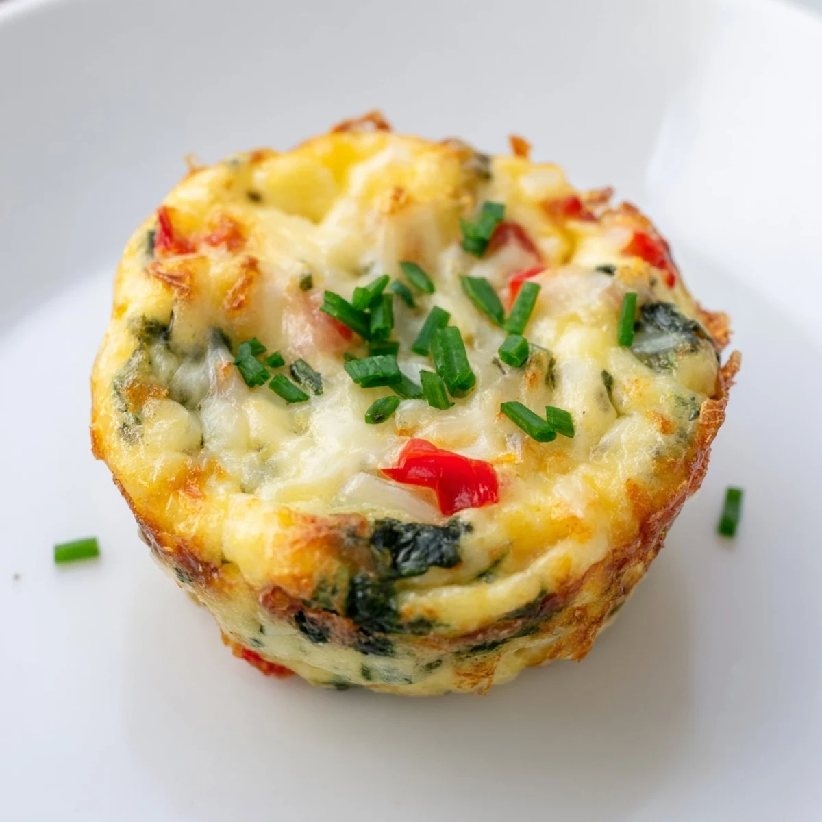 Golden, baked Mini Crustless Quiches filled with cheese and spinach, ready to serve on a plate.