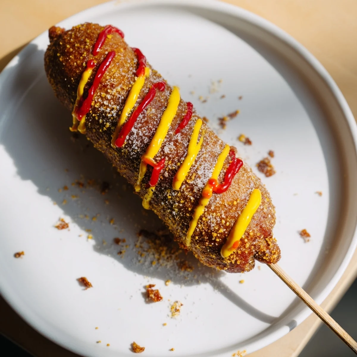 Golden Korean-inspired corn dogs, crispy from panko, served with a side of ketchup and mustard.
