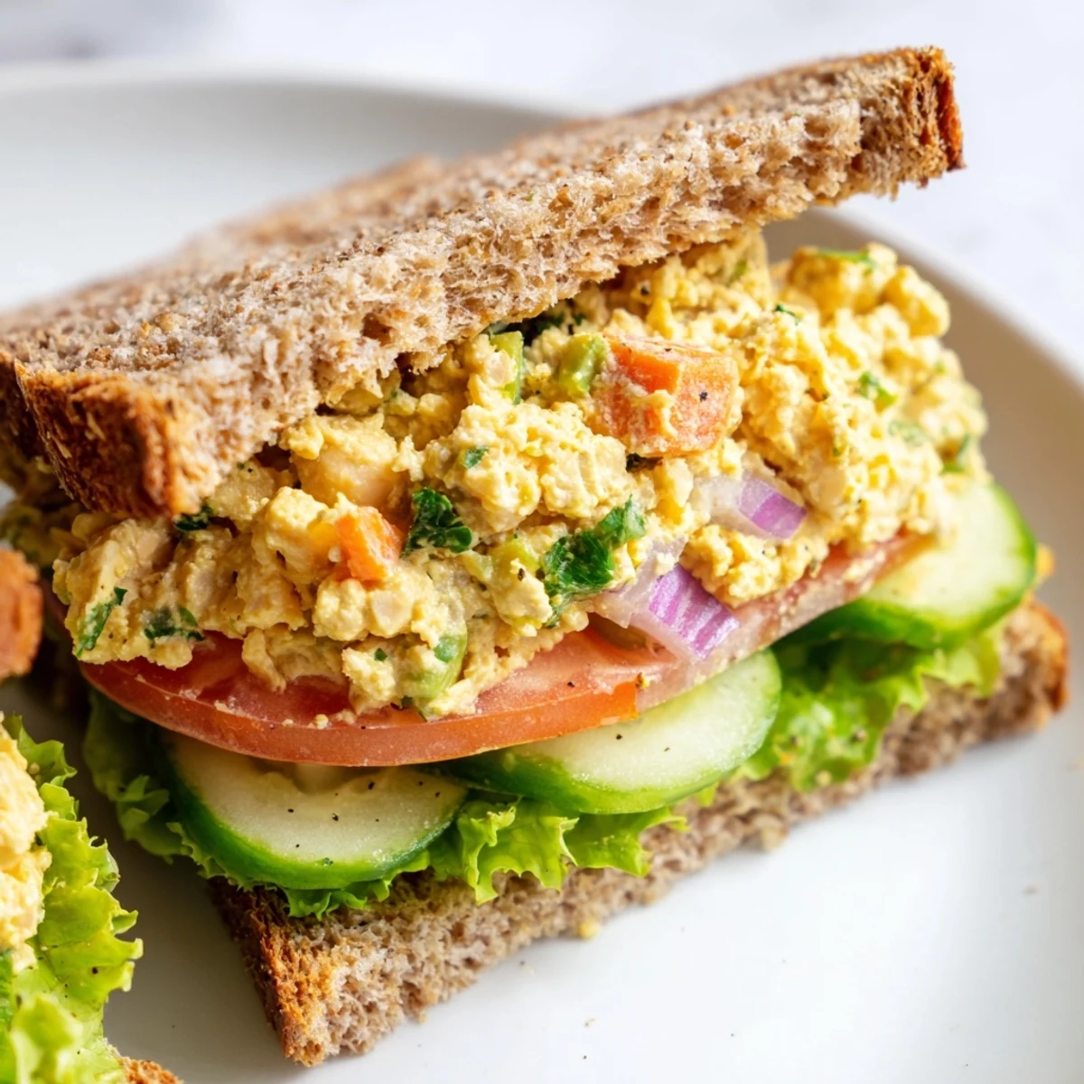 Close-up of a flavorful Easy Chickpea Salad Sandwich, showcasing the vibrant, colorful filling.