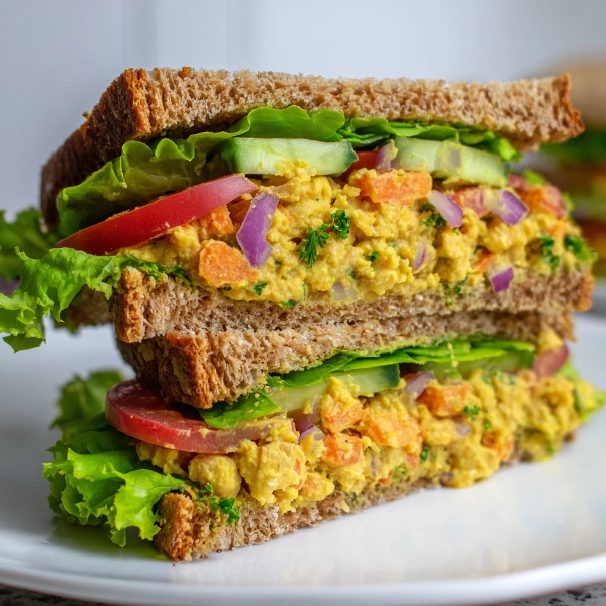 Image of a creamy, delicious Easy Chickpea Salad Sandwich, ready to eat with fresh veggies.