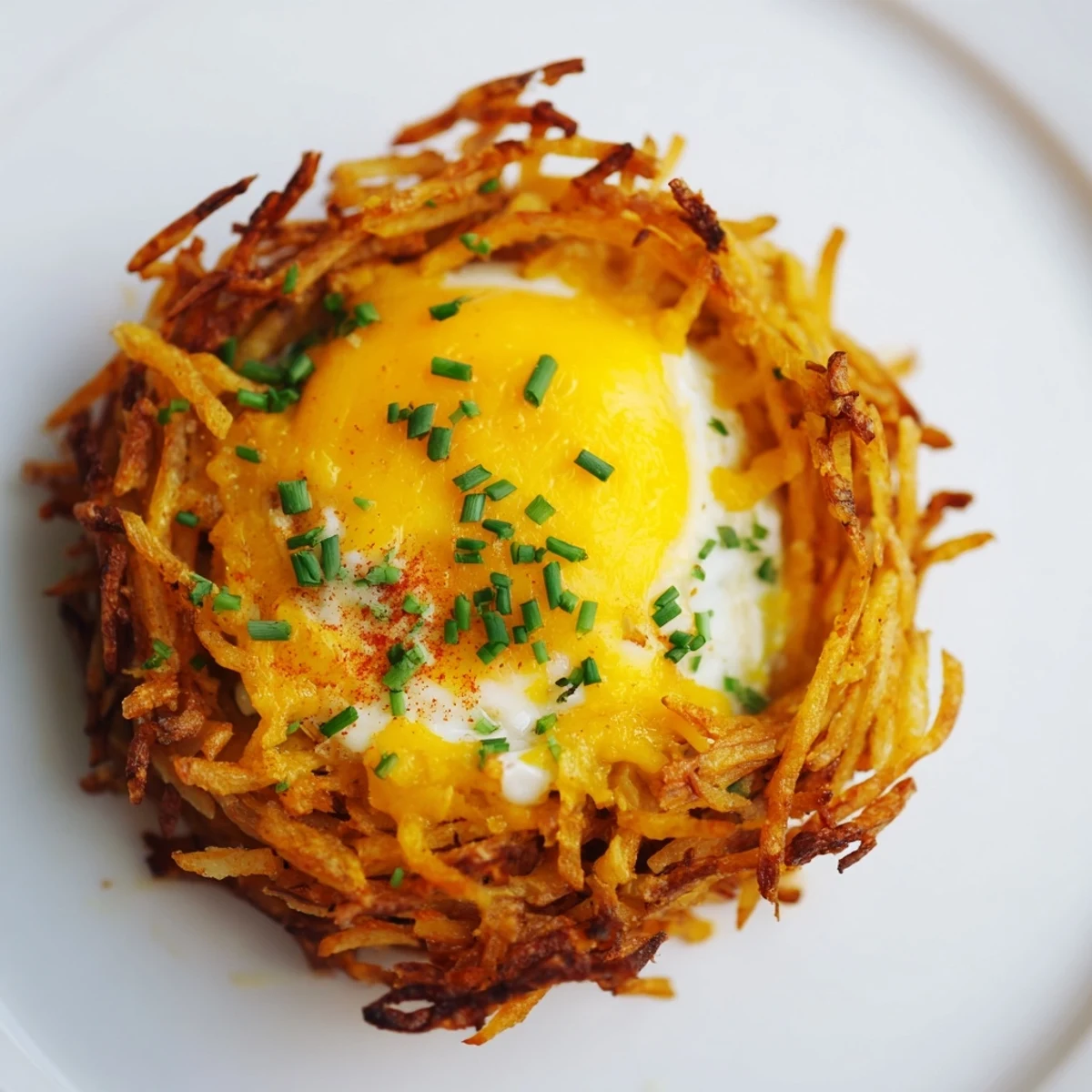 Enjoy a hearty plate of Crispy Hashbrown Egg Nests with a sprinkle of chives, a breakfast treat.