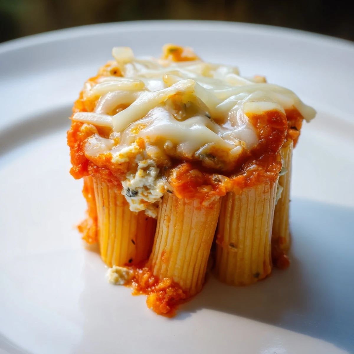 Golden-brown Baked Ziti Cups, individual servings with bubbly cheese, perfect for a satisfying dinner.