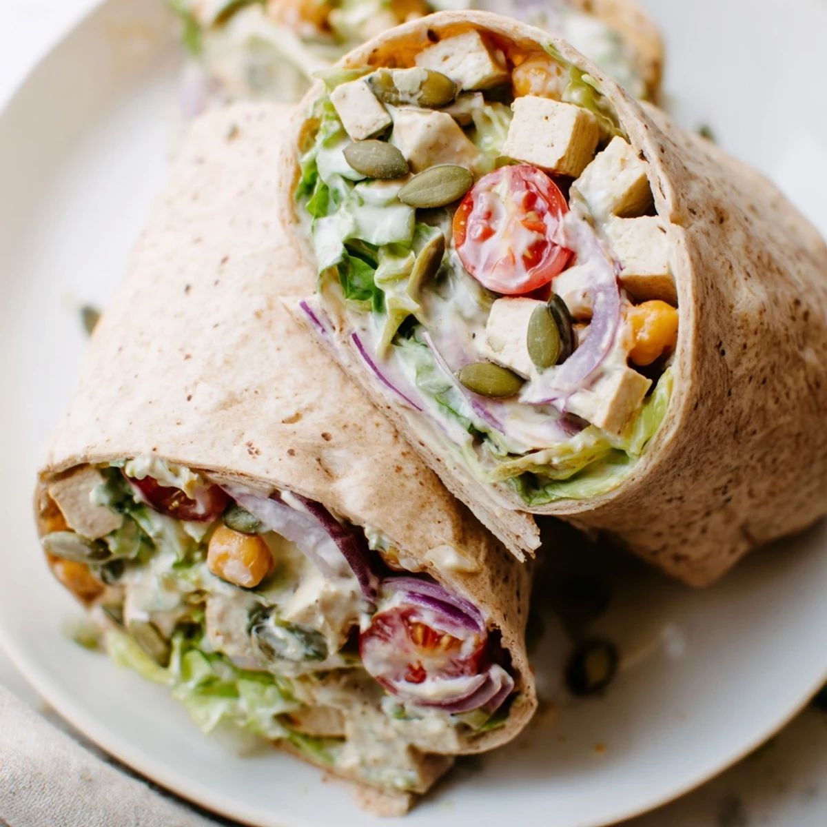 Close-up of a flavorful Chicken-less Caesar Wrap, ready to eat and packed with plant-based protein.