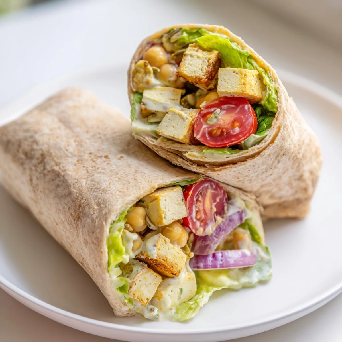 Delicious high-protein Chicken-less Caesar Wrap, filled with creamy dressing and fresh veggies shown.