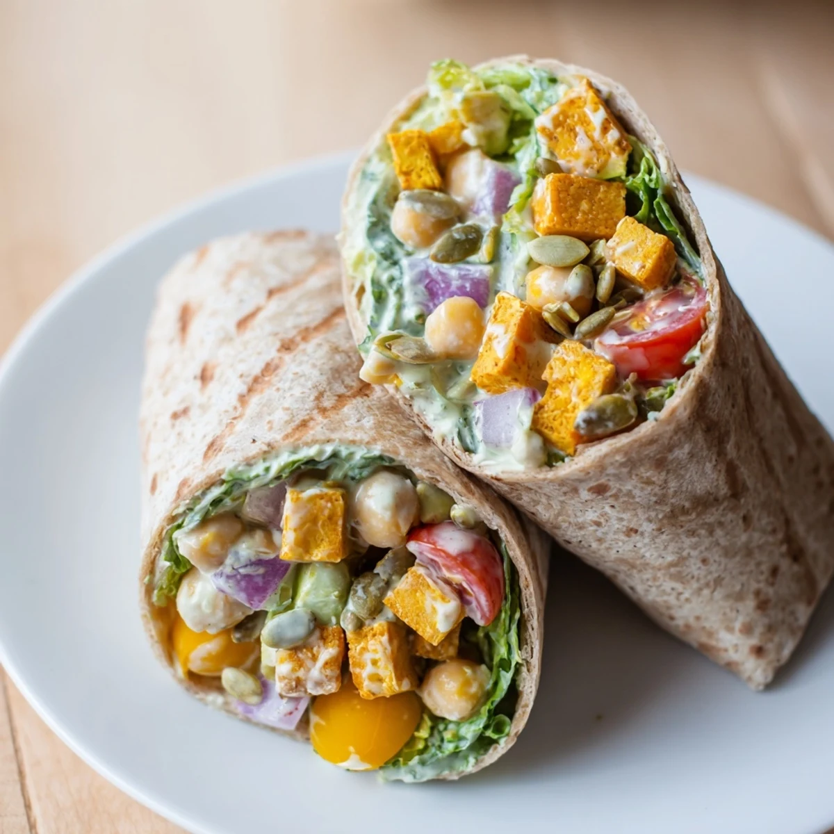 Savory Chicken-less Caesar Wrap, sliced in half, showcasing the colorful filling and fresh ingredients.
