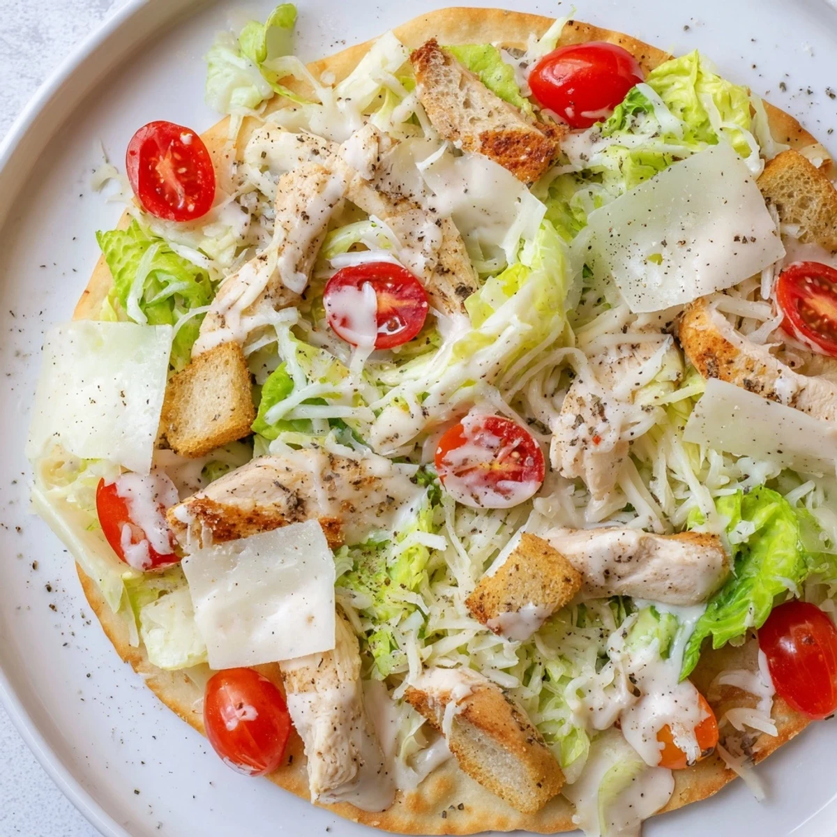 Golden Chicken Caesar Flatbread topped with fresh romaine, Parmesan, and juicy tomatoes.