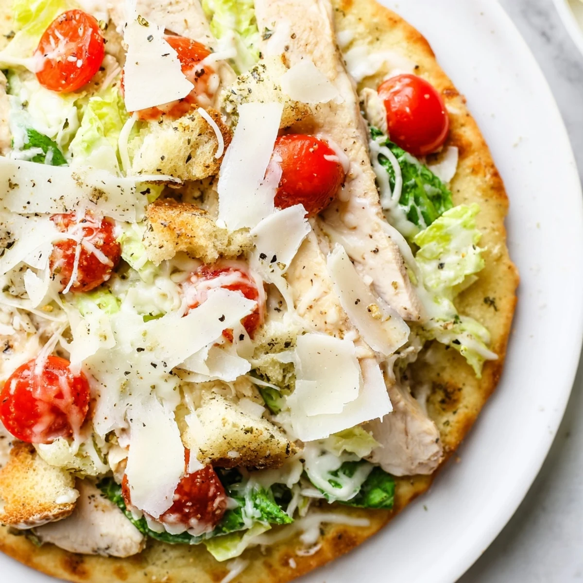 A close-up of a crispy Chicken Caesar Flatbread featuring grilled chicken and creamy Caesar dressing.