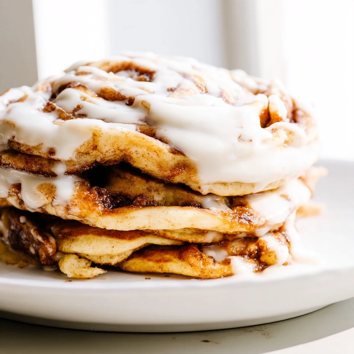 Warm cinnamon roll pancakes, drizzled with sweet cream cheese glaze, ready for breakfast.