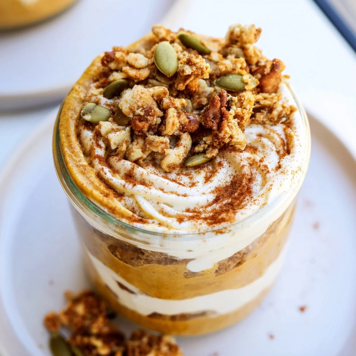 This beautiful Pumpkin Yogurt Parfait shows a perfectly constructed snack, ready for a healthy breakfast or dessert.