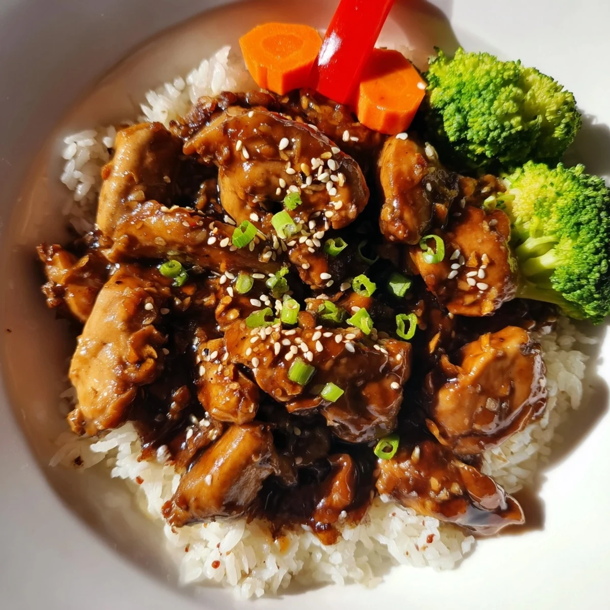 Golden teriyaki chicken glistens with delicious sauce, served over fluffy rice, ready to enjoy.