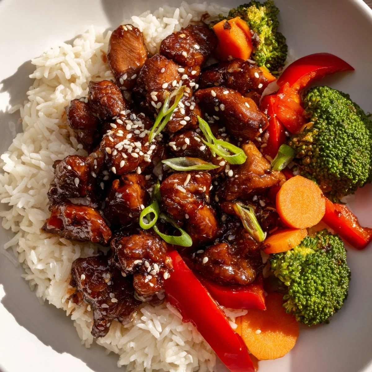 A vibrant bowl of teriyaki chicken rice, with colorful vegetables and sprinkled sesame seeds.