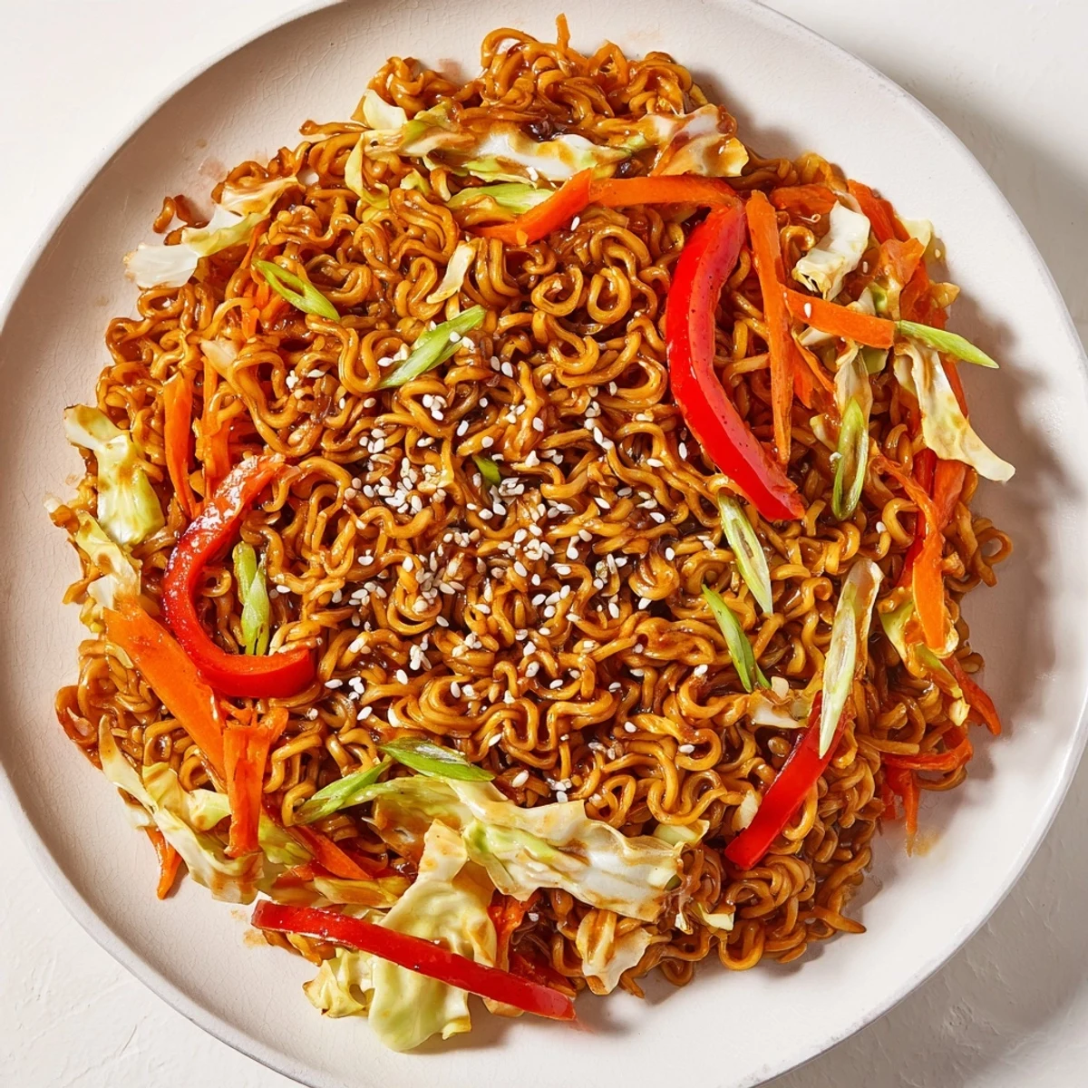 Steaming Spicy Ramen Stir Fry with vibrant veggies and a rich, savory sauce awaiting you.