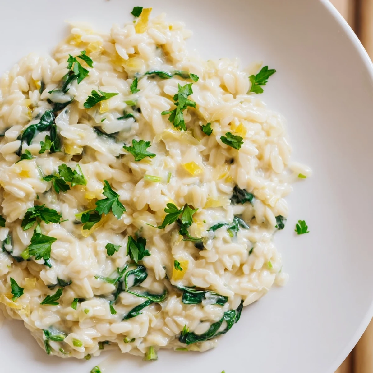 This vibrant photo shows a close-up of the delicious one-pot creamy orzo bubbling in a skillet.