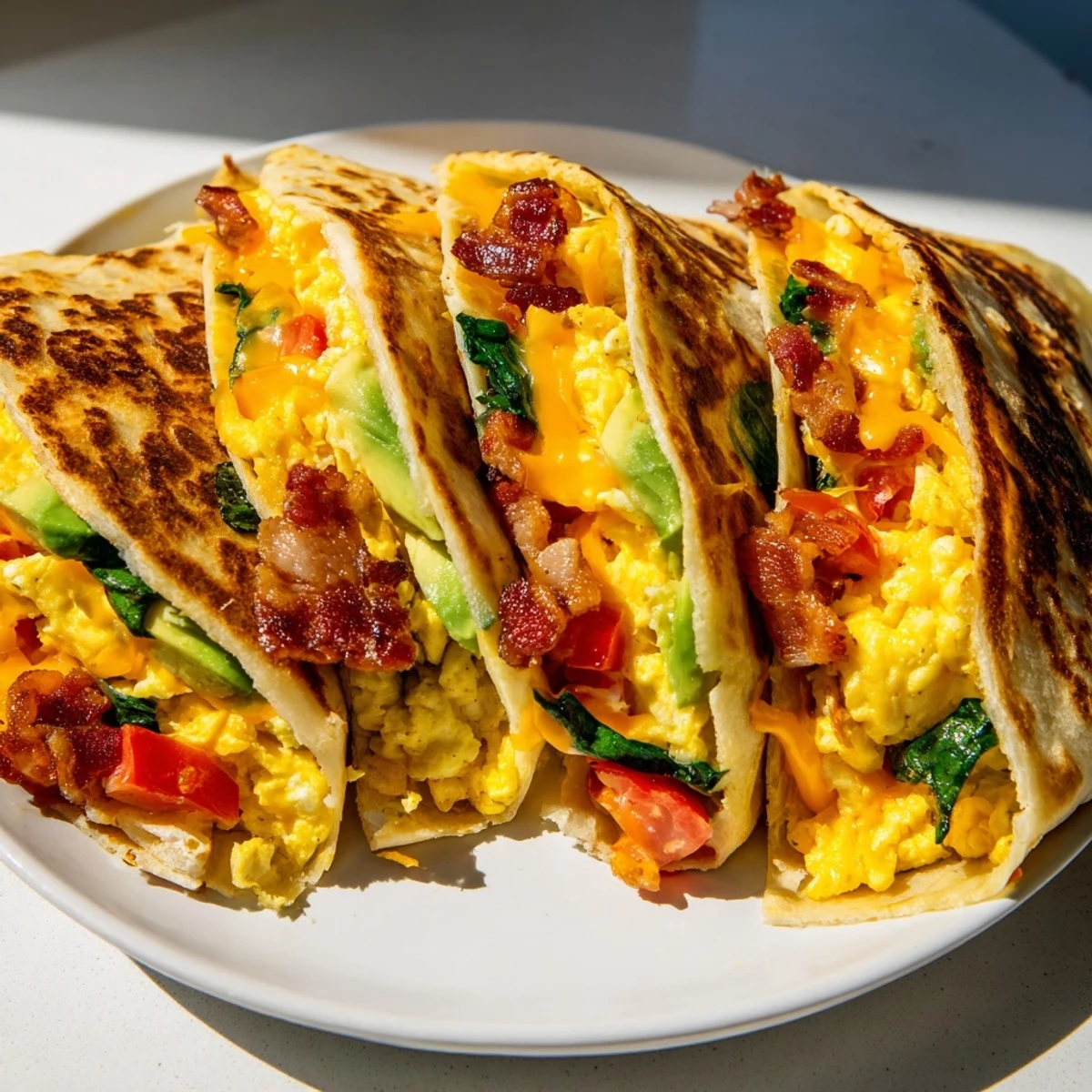 This image shows a delicious crispy breakfast wrap, a handheld meal with bacon, avocado and vibrant tomato.