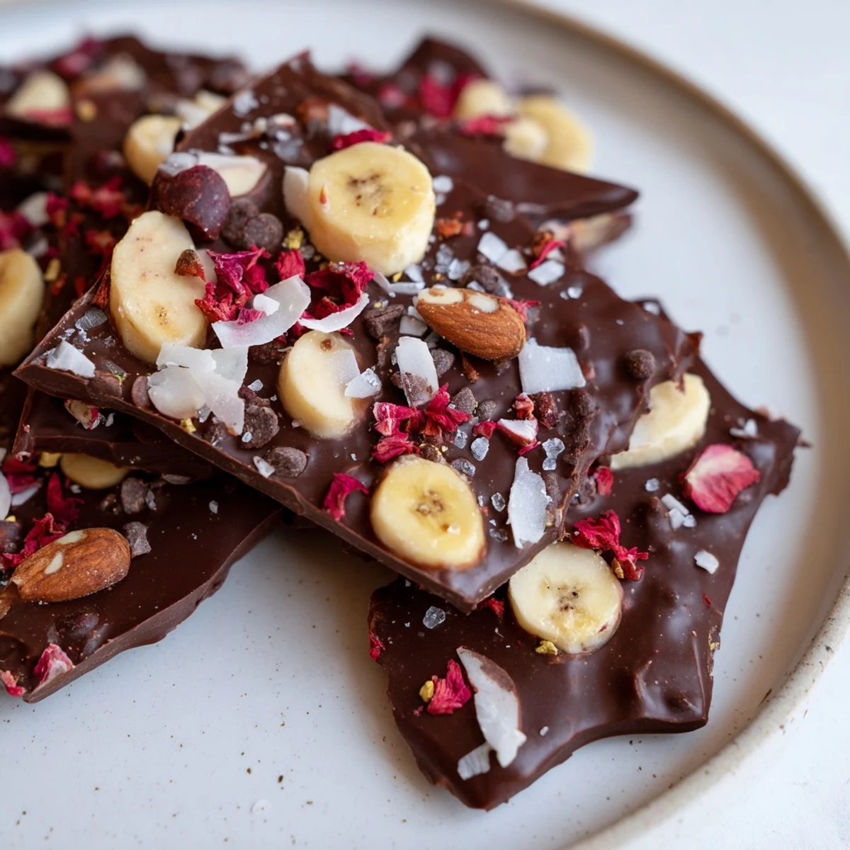 Frozen Chocolate Banana Bark with a delicious array of toppings like nuts and chocolate chips.