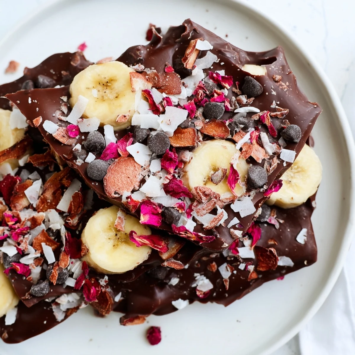 This refreshing Chocolate Banana Bark features a frozen layer of chocolate over banana slices.
