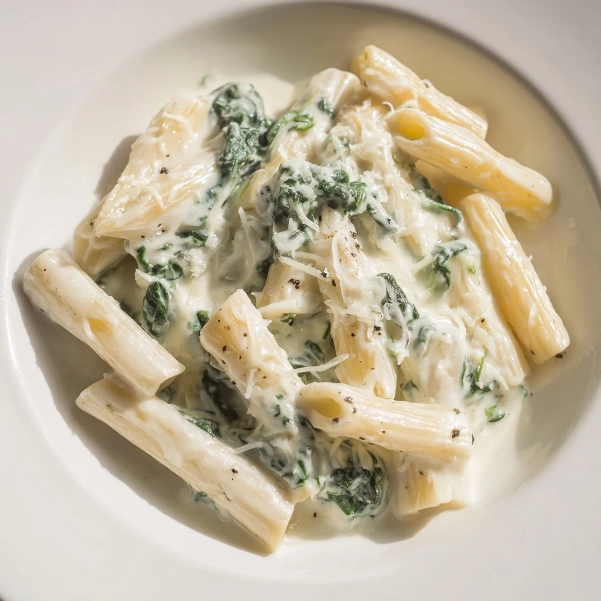 Steaming hot creamy spinach pasta, a vegetarian delight with garlic and fresh spinach, ready to serve.