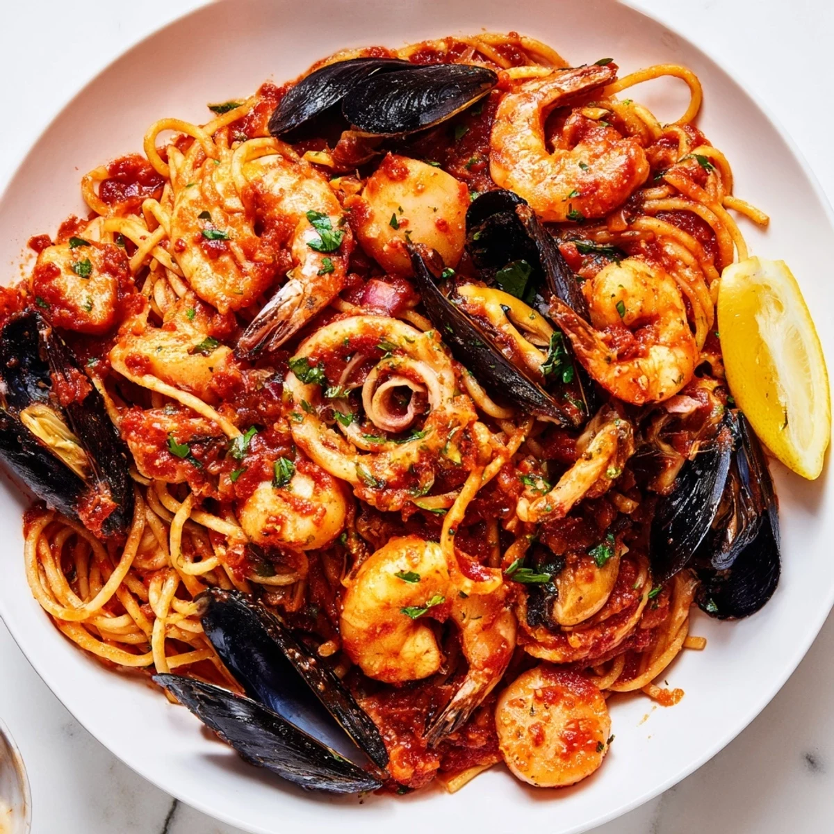 Steaming Seafood Marinara Pasta, brimming with plump shrimp and mussels in a rich tomato sauce, ready to serve.