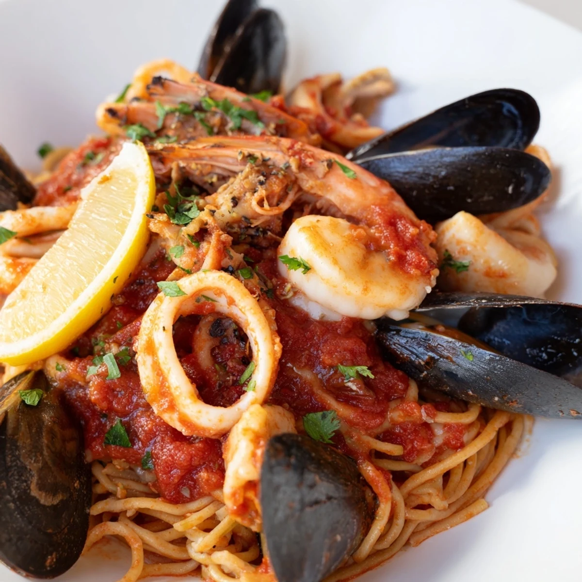 Perfectly cooked spaghetti smothered in flavorful seafood marinara pasta, garnished with fresh parsley and lemon.