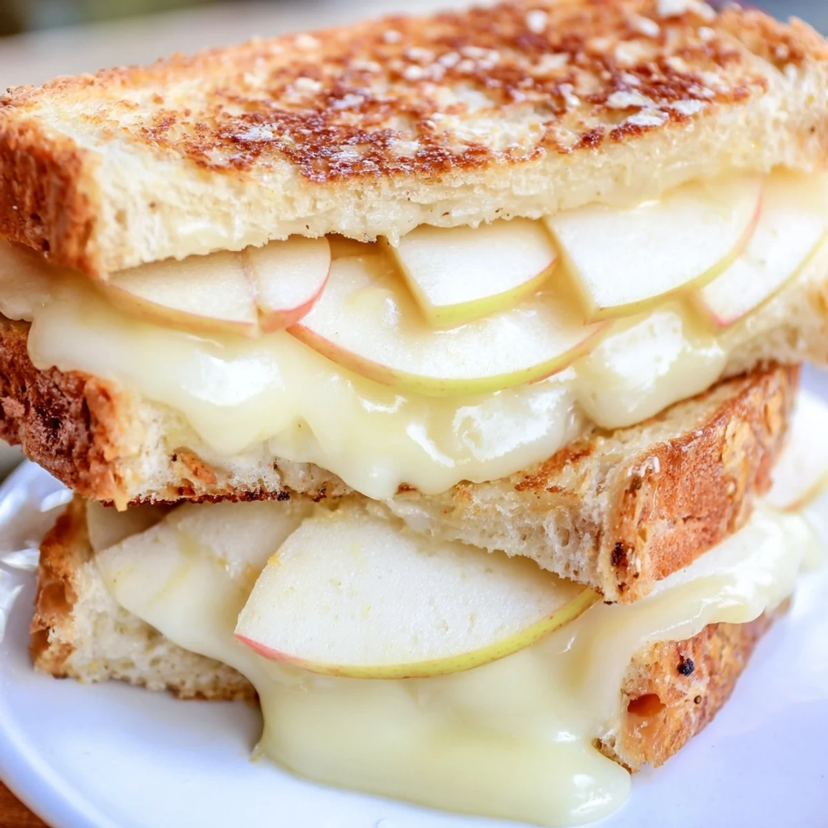 Grilled Brie and apple grilled cheese, golden brown with melted cheese and fresh apple slices.