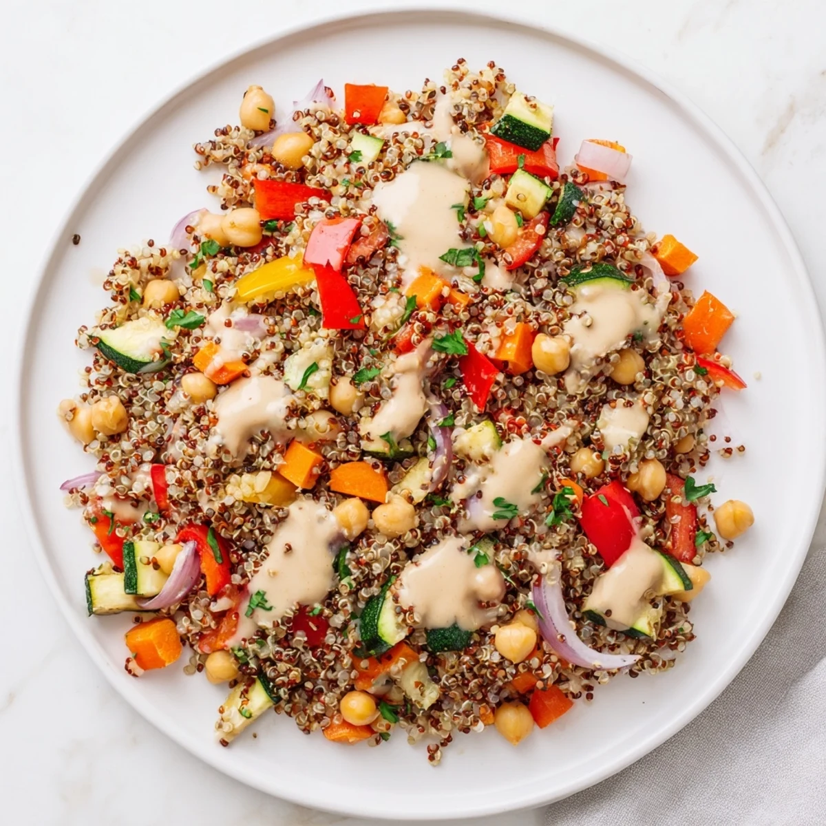 Fluffy quinoa power salad with roasted vegetables, chickpeas, and creamy tahini dressing, delicious!