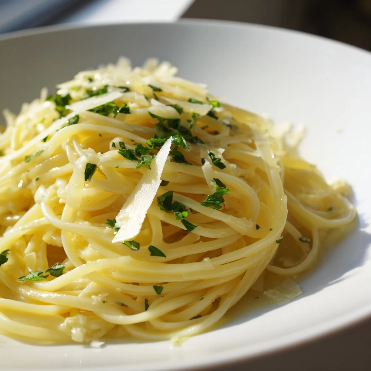 A bowl of steaming Garlic Butter Linguine, tossed with fresh herbs, a comforting Italian meal.