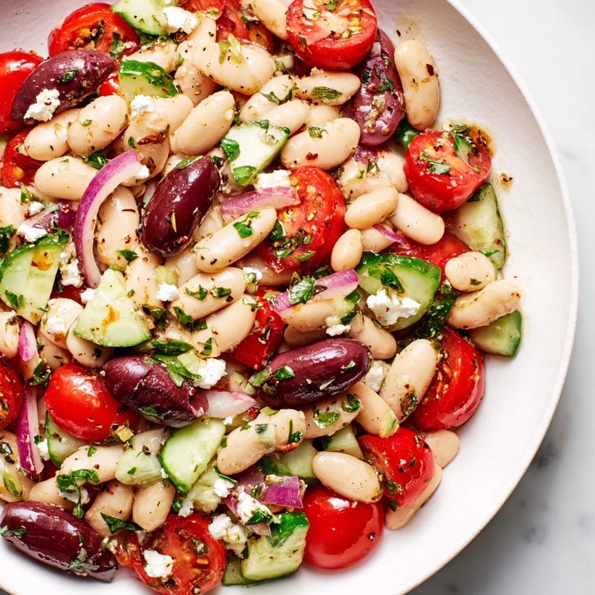 Creamy White Bean Salad tossed with vibrant tomatoes, herbs, and a zesty olive oil dressing.