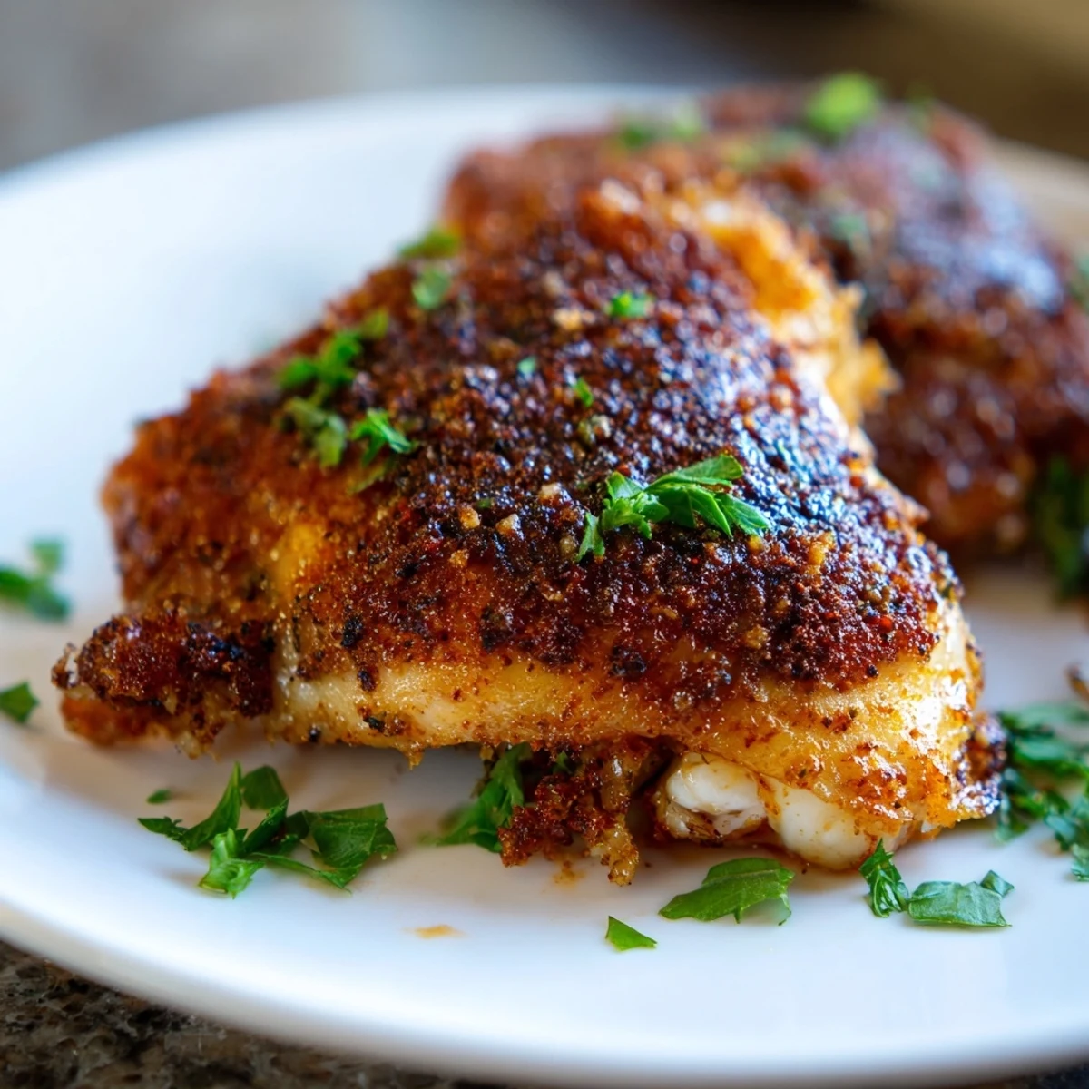 Golden, crispy-skinned Crispy Garlic Chicken Thighs, perfectly roasted and ready to serve with fresh parsley.
