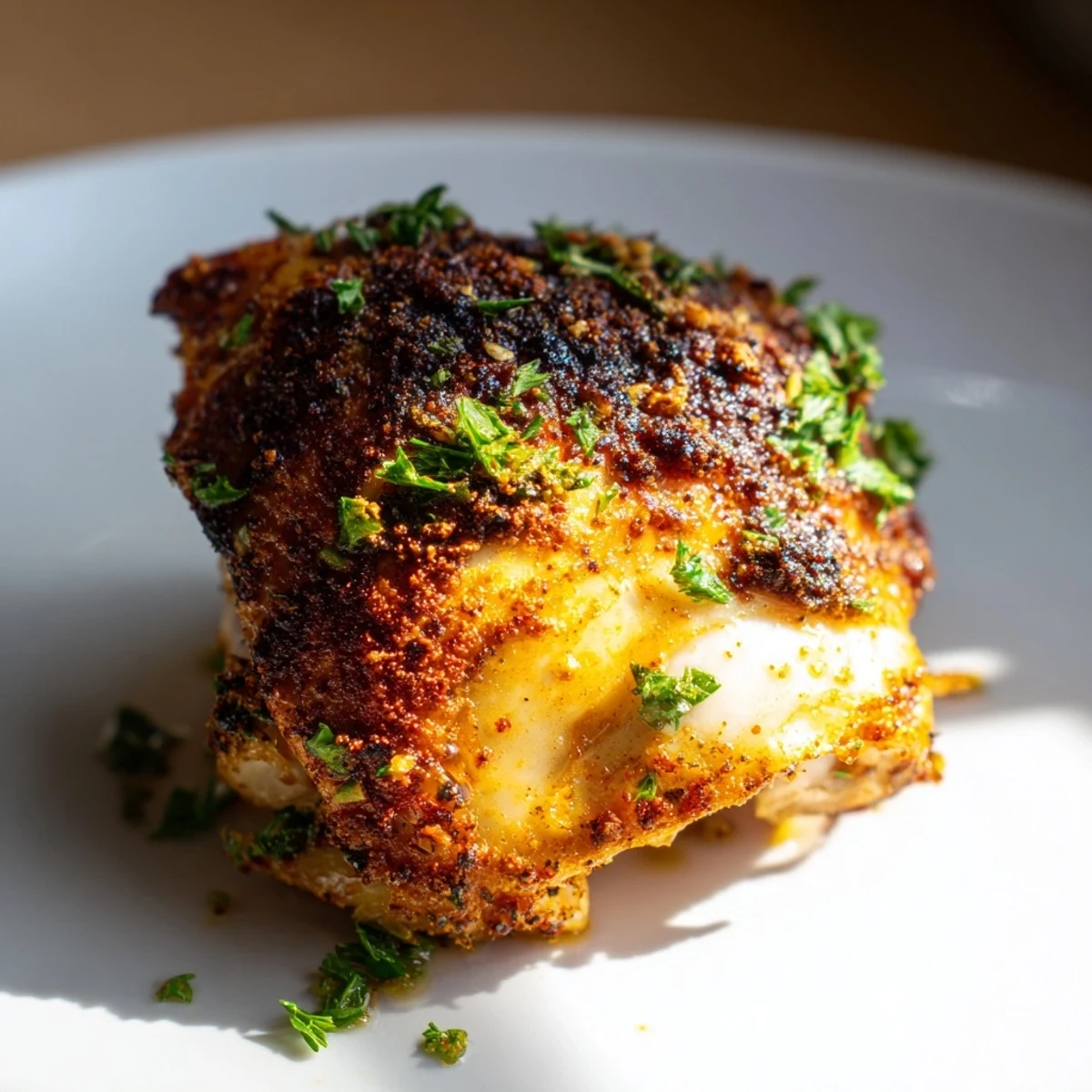 Juicy, succulent Crispy Garlic Chicken Thighs, boasting a savory, golden garlic crust with optional lemon.