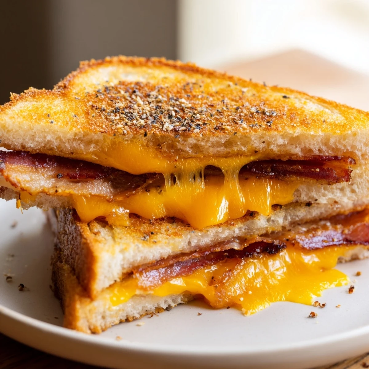 Golden, bubbly Crispy Bacon Cheddar Grilled Cheese, with melted cheese and crispy bacon showing.