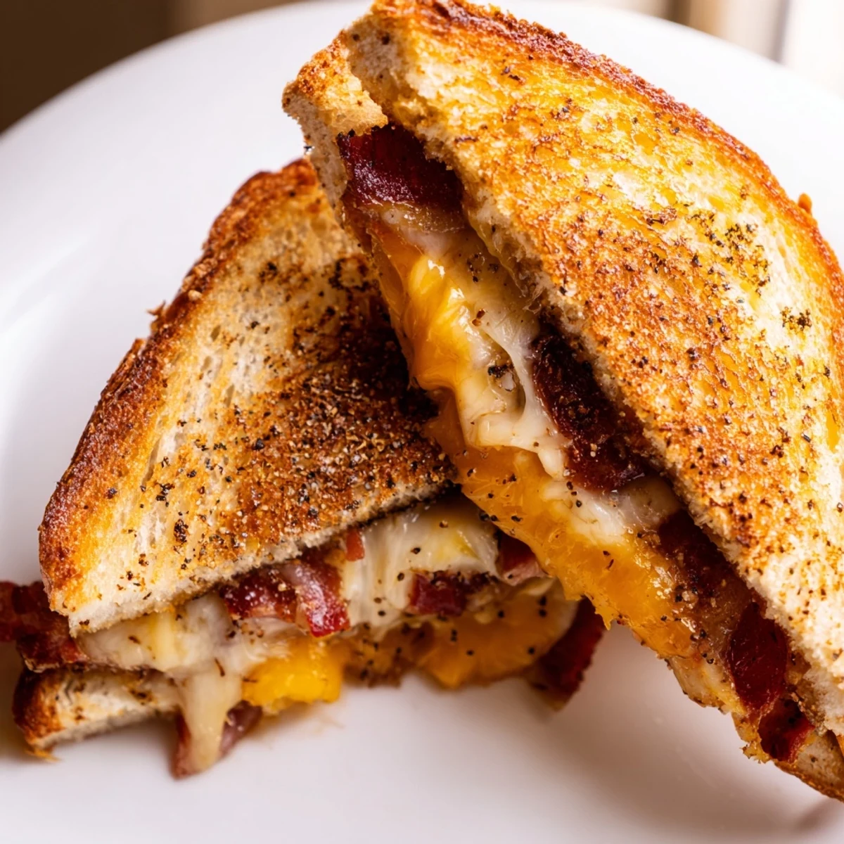 Savory Crispy Bacon Cheddar Grilled Cheese, perfectly grilled with melted cheese flowing out, ready to eat.