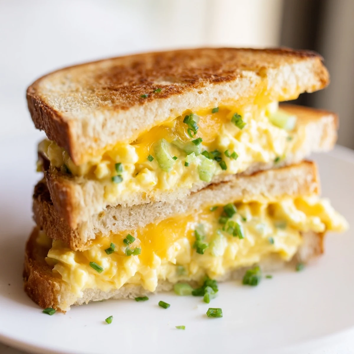 Golden-brown Egg Salad Grilled Cheese sandwich, a satisfying, simple lunchtime American favorite.
