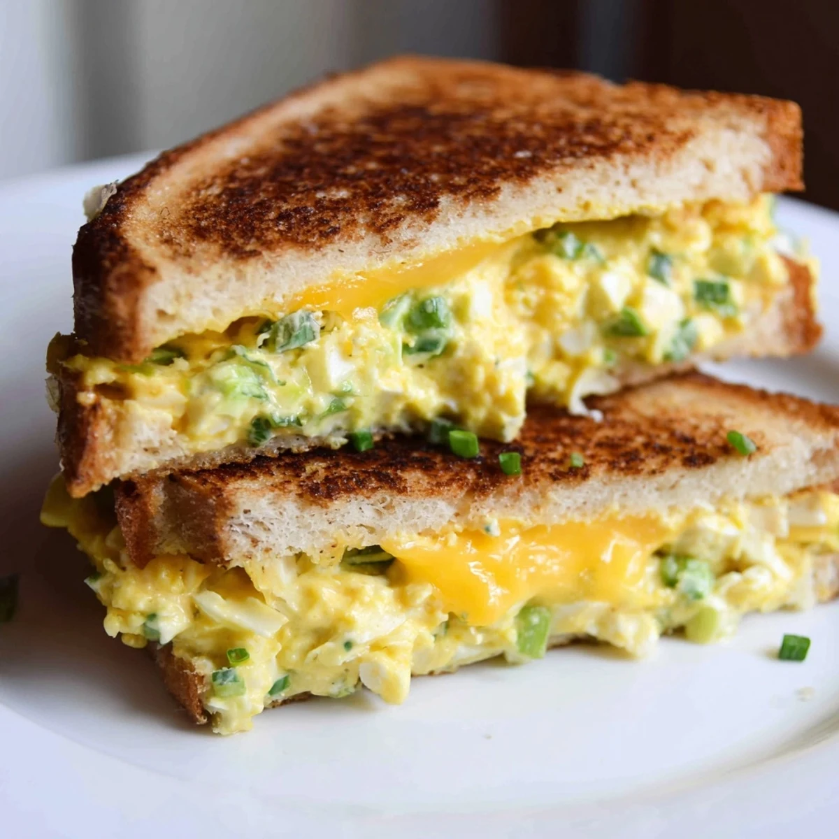 Warm Egg Salad Grilled Cheese: melted cheese oozes from toasted bread, filled with flavorful egg salad.