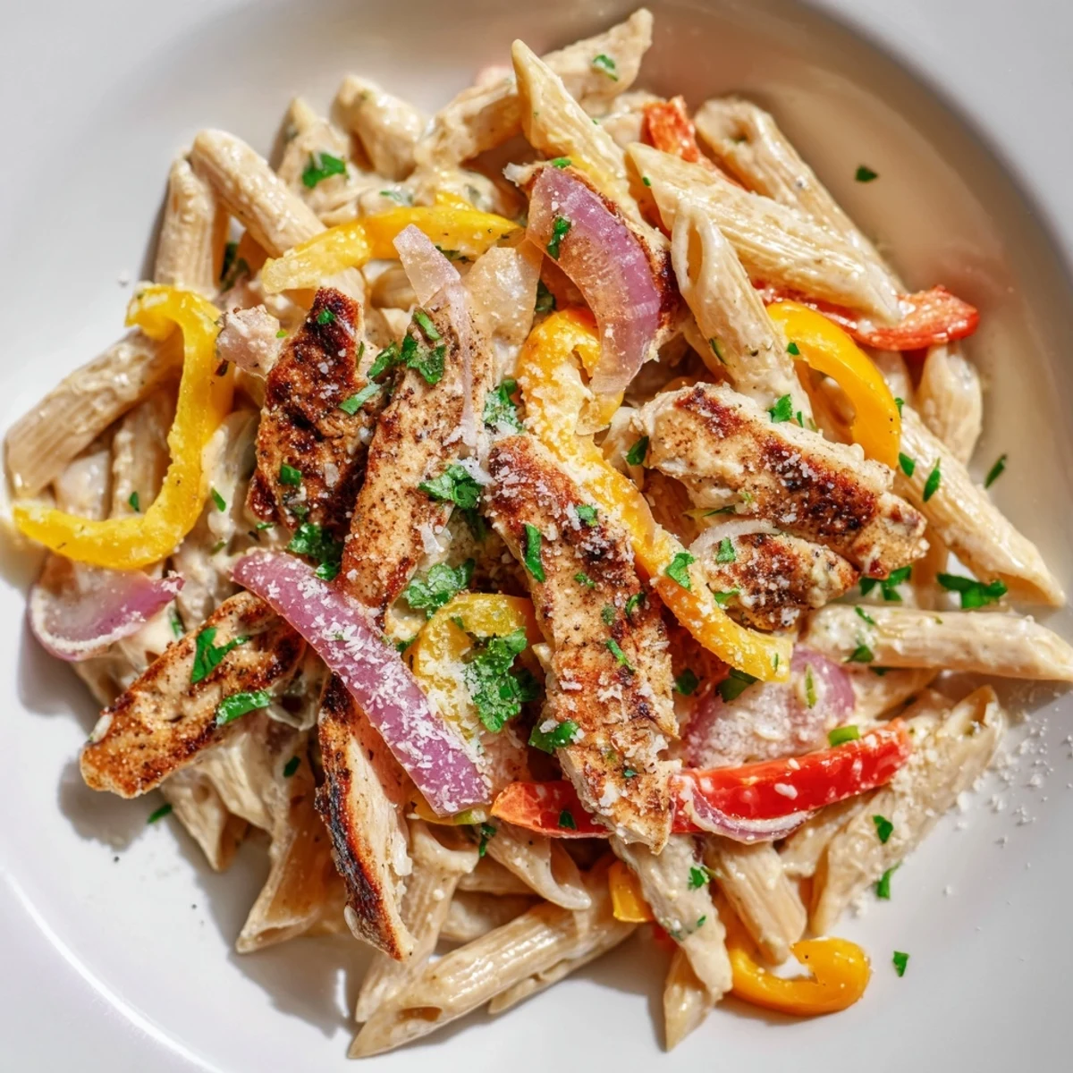 A close-up view of flavorful Cajun Chicken Pasta, with a rich, creamy sauce and tender chicken.