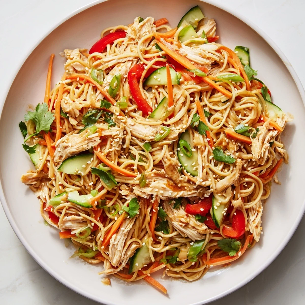 A close-up of chilled chicken noodle salad, highlighting colorful veggies and sesame dressing.