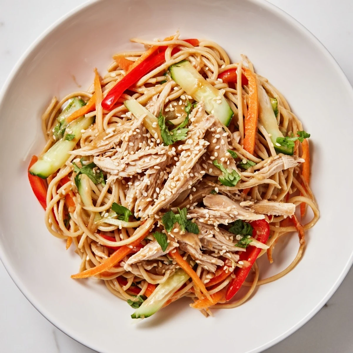This delightful chilled chicken noodle salad features tender chicken, vibrant vegetables and toasted sesame seeds.