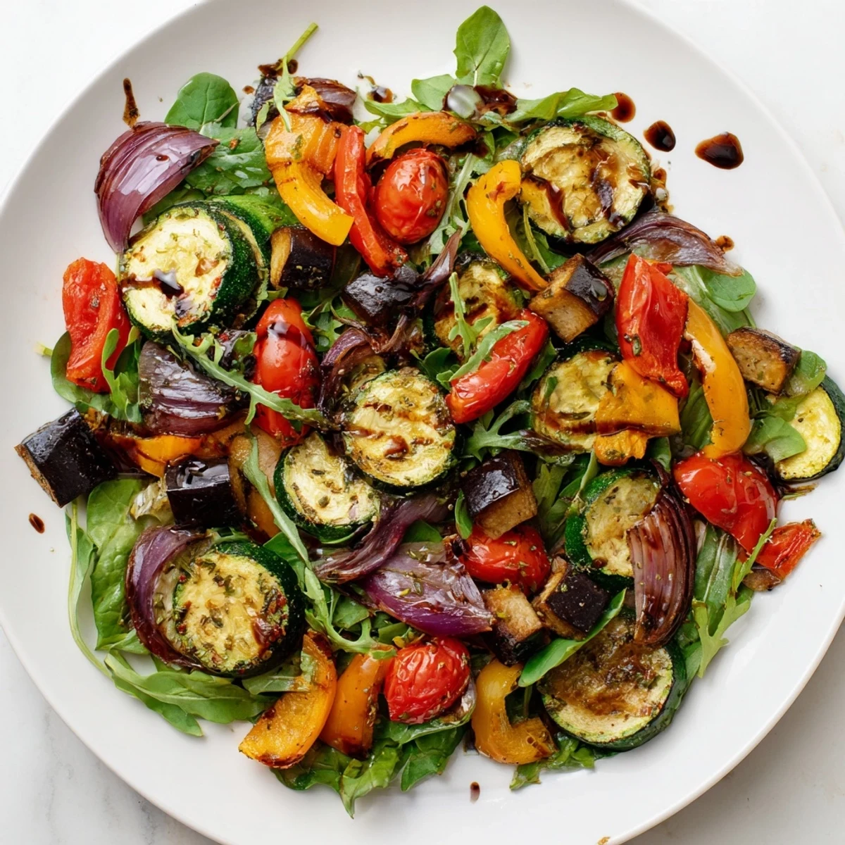 Warm and colorful Roasted Vegetable Salad with tender vegetables and tangy balsamic dressing.