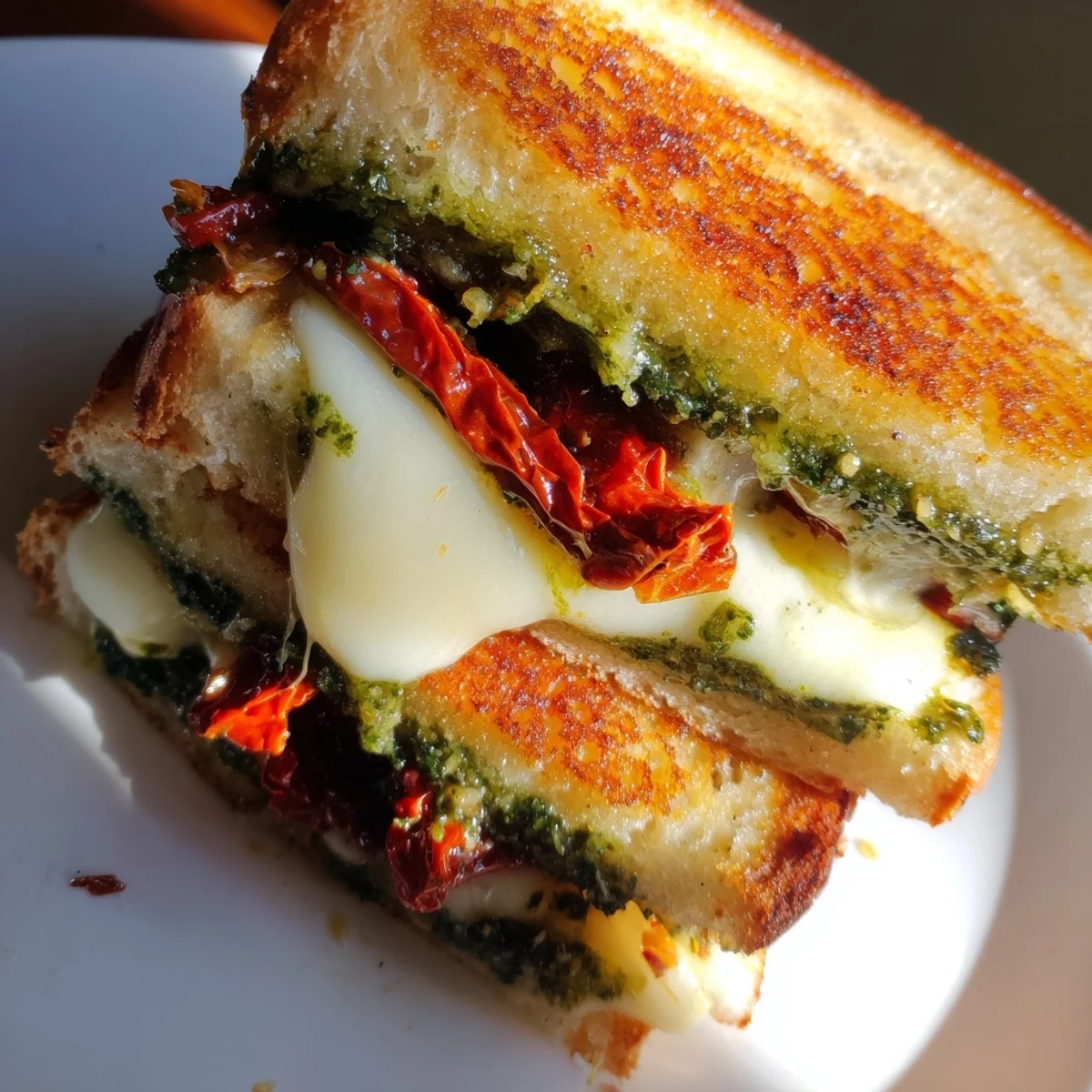 Golden crispy pesto grilled cheese with melted mozzarella and bright red sun-dried tomatoes is seen.