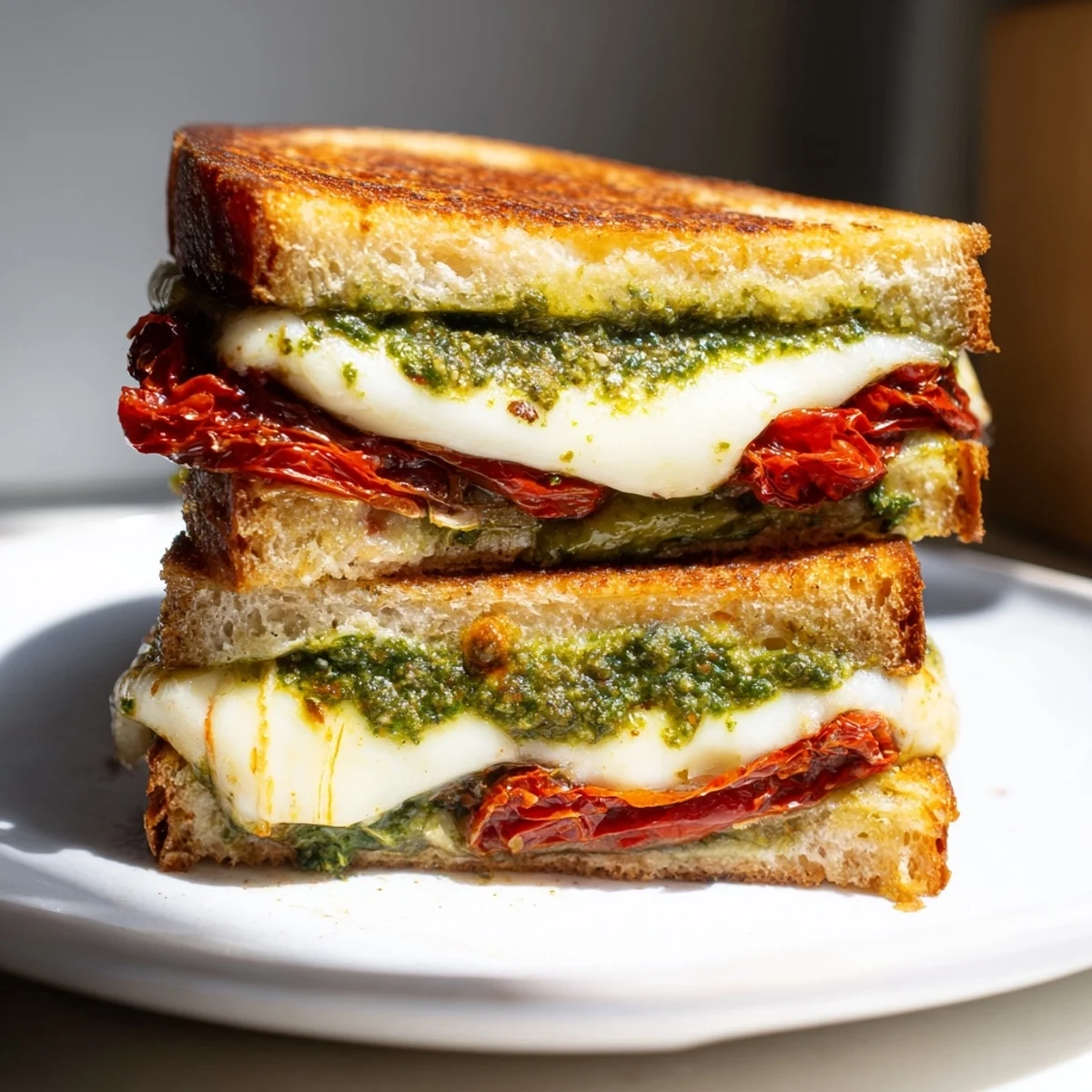 A close-up of a perfectly toasted pesto grilled cheese, ready to be sliced and devoured.