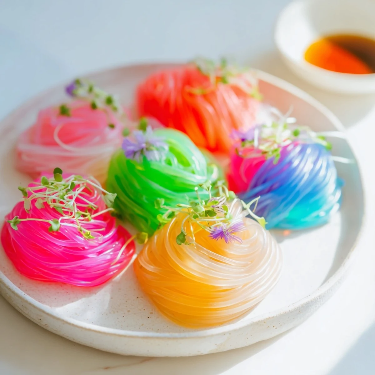 Vibrant Neon Noodle Clouds, a delightful vegan appetizer; imagine colorful ramen-like strands ready to eat.