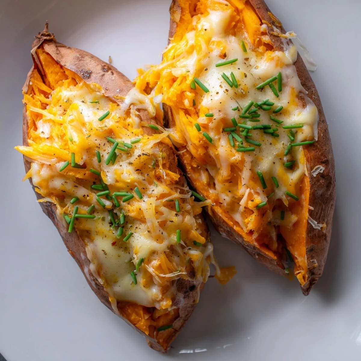 Warm, melty cheese spilling from roasted sweet potato halves; a delicious vegetarian treat.