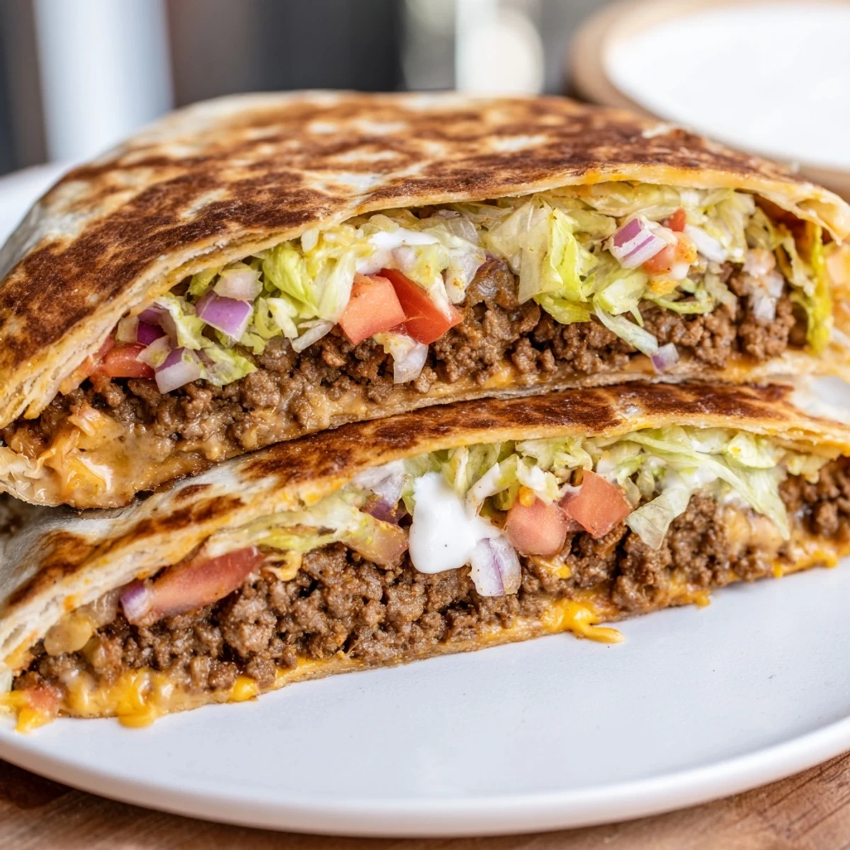 Golden grilled Taco Bell Crunchwrap Supreme, oozing nacho cheese, with fresh toppings ready to be enjoyed.
