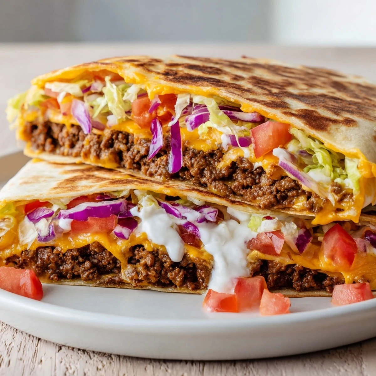 A fully assembled Taco Bell Crunchwrap Supreme, with layers of crispy tostada and seasoned beef for a tasty treat.