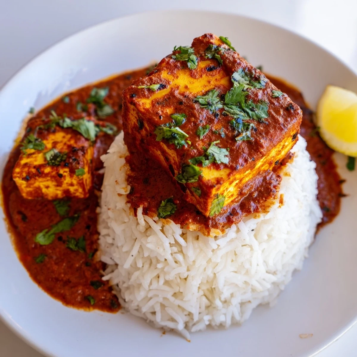 Fresh cilantro garnishes this flavorful Paneer Tikka Masala, a perfect dish served over rice.